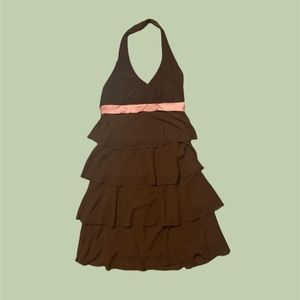 ⛅️brown pink halter ruffle mini cocktail dress